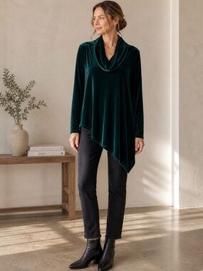 Soft Surroundings Green Velvet Burnout Cowl Neck Asymmetrical Dress Med Holiday